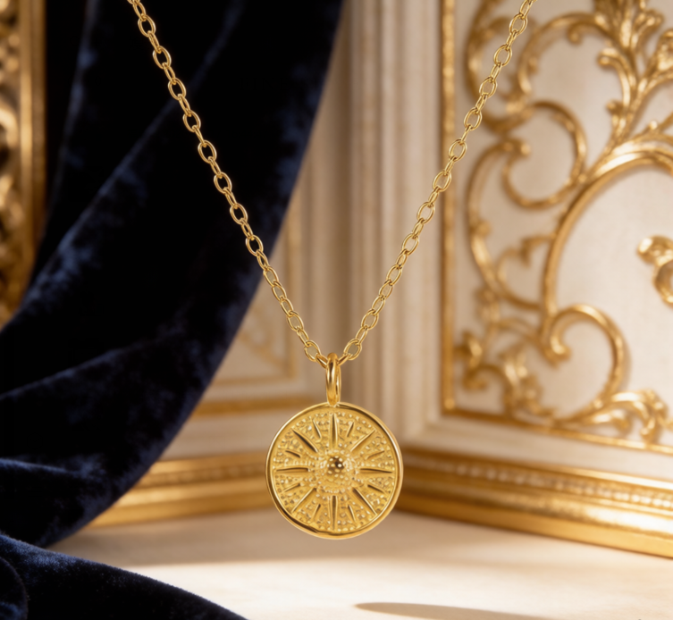 Radiating Sunburst Pendant with Central Gemstone, Retro Lucky Charm Jewelry for Women